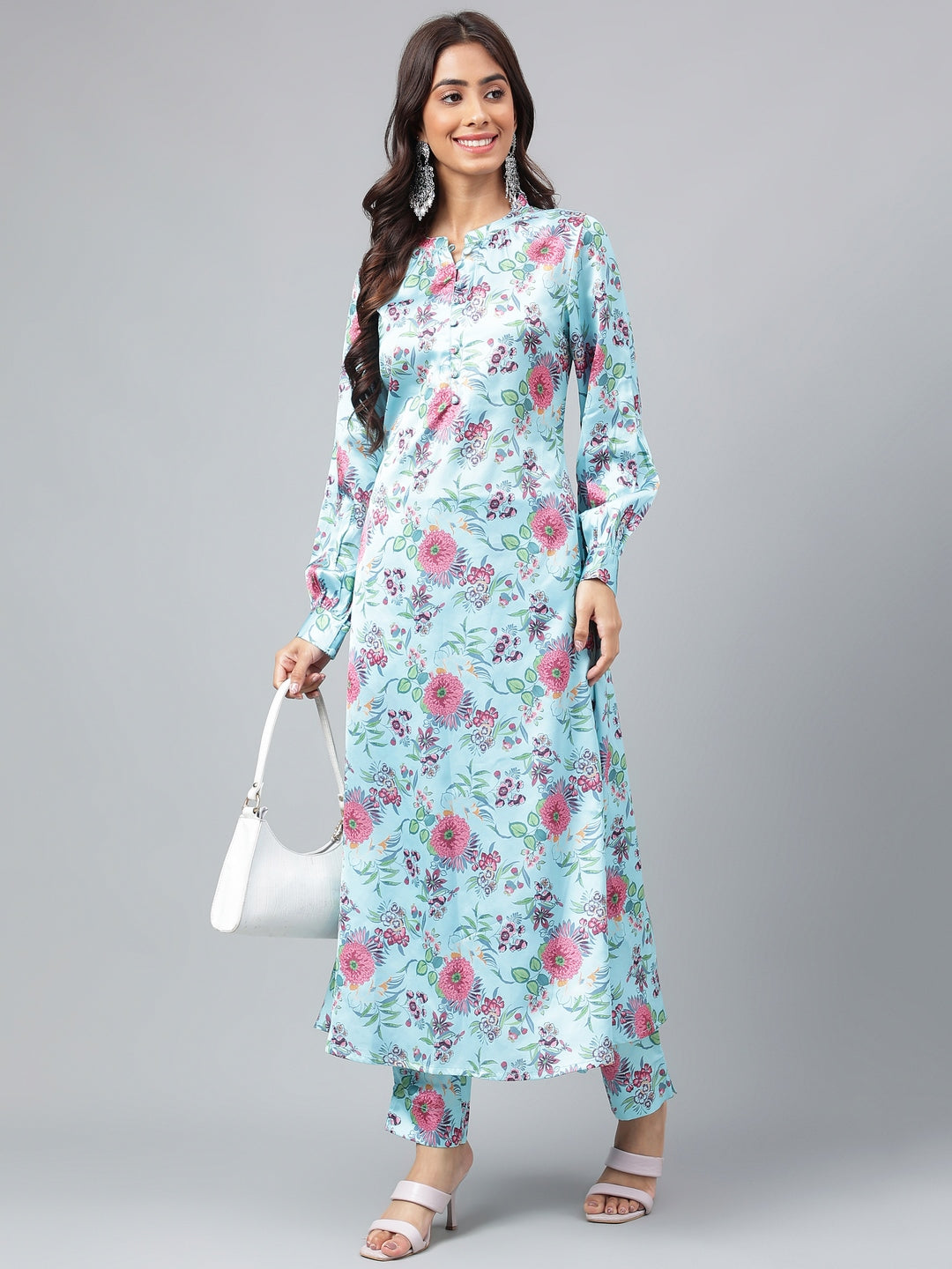 Janasya Women's Aqua Blue Satin Digital Floral Printed Straight Party kurta Set | Grocsy