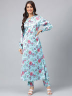 Janasya Women's Aqua Blue Satin Digital Floral Printed Straight Party kurta Set | Grocsy