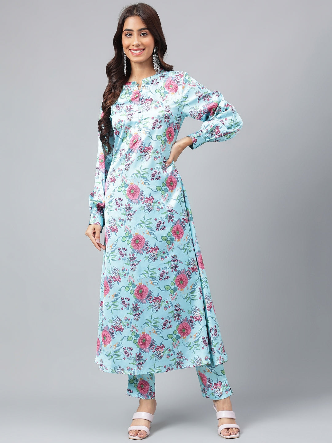 Janasya Women's Aqua Blue Satin Digital Floral Printed Straight Party kurta Set | Grocsy