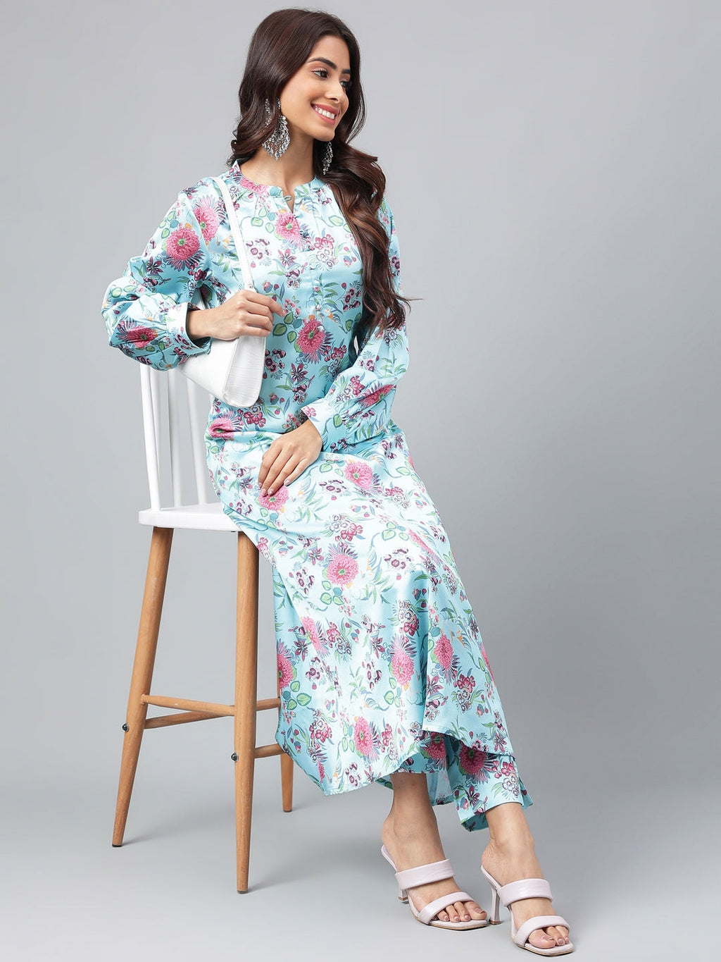 Janasya Women's Aqua Blue Satin Digital Floral Printed Straight Party kurta Set | Grocsy