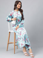 Janasya Women's Aqua Blue Satin Digital Floral Printed Straight Party kurta Set | Grocsy
