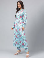 Janasya Women's Aqua Blue Satin Digital Floral Printed Straight Party kurta Set | Grocsy