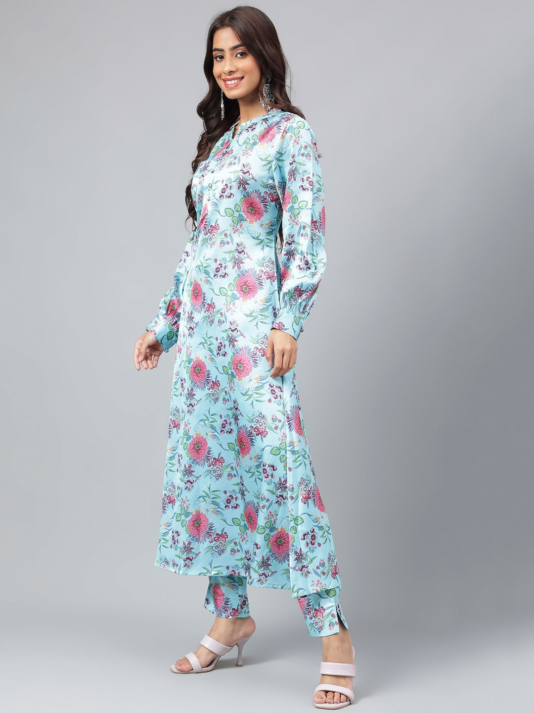 Janasya Women's Aqua Blue Satin Digital Floral Printed Straight Party kurta Set | Grocsy