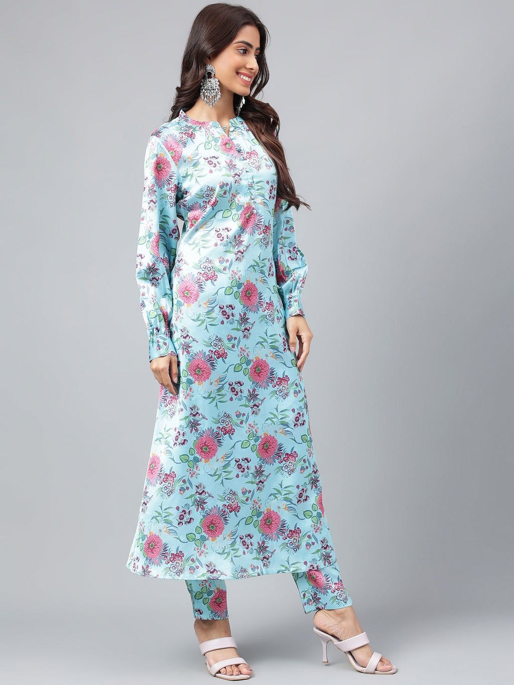 Janasya Women's Aqua Blue Satin Digital Floral Printed Straight Party kurta Set | Grocsy