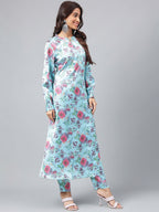 Janasya Women's Aqua Blue Satin Digital Floral Printed Straight Party kurta Set | Grocsy