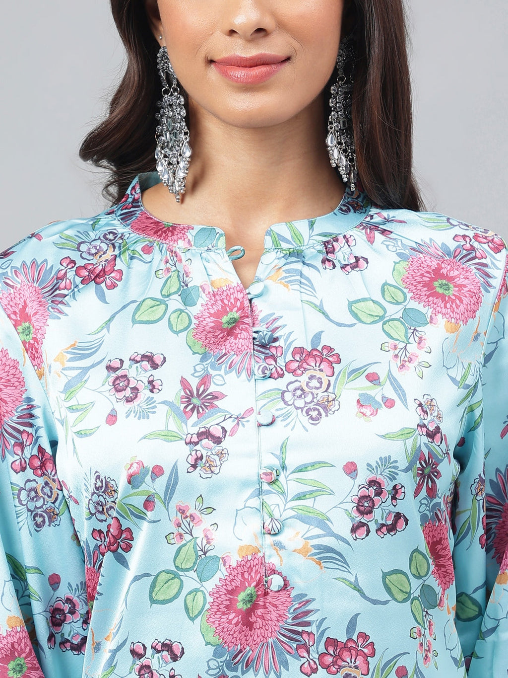 Janasya Women's Aqua Blue Satin Digital Floral Printed Straight Party kurta Set | Grocsy