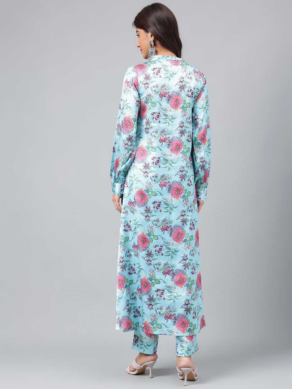 Janasya Women's Aqua Blue Satin Digital Floral Printed Straight Party kurta Set | Grocsy