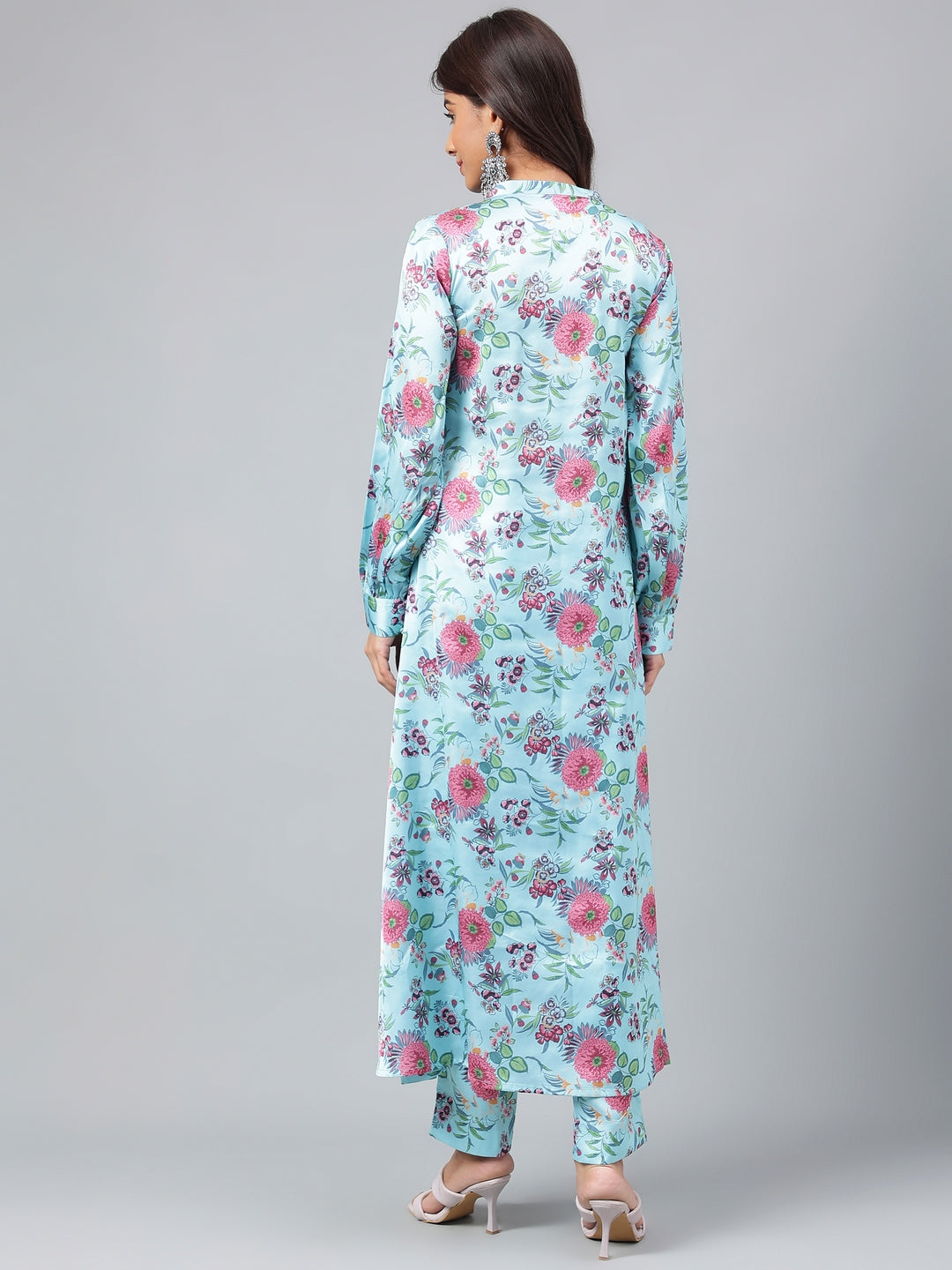 Janasya Women's Aqua Blue Satin Digital Floral Printed Straight Party kurta Set | Grocsy
