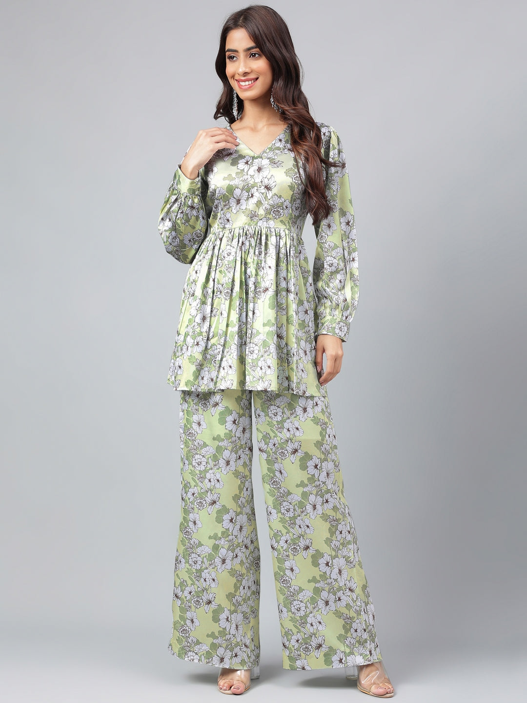 Janasya Women's Sage Green Satin Digital Floral Printed Flared Party Top Set | Grocsy