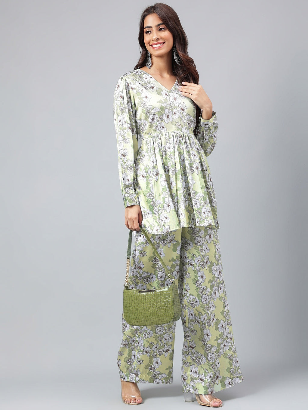 Janasya Women's Sage Green Satin Digital Floral Printed Flared Party Top Set | Grocsy