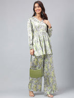 Janasya Women's Sage Green Satin Digital Floral Printed Flared Party Top Set | Grocsy