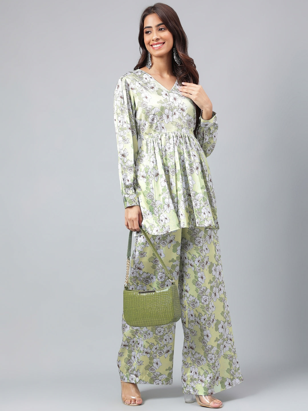 Janasya Women's Sage Green Satin Digital Floral Printed Flared Party Top Set | Grocsy