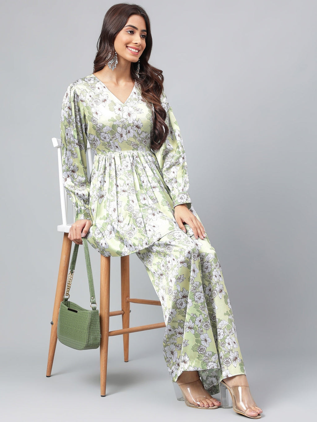 Janasya Women's Sage Green Satin Digital Floral Printed Flared Party Top Set | Grocsy