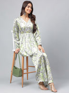 Janasya Women's Sage Green Satin Digital Floral Printed Flared Party Top Set | Grocsy