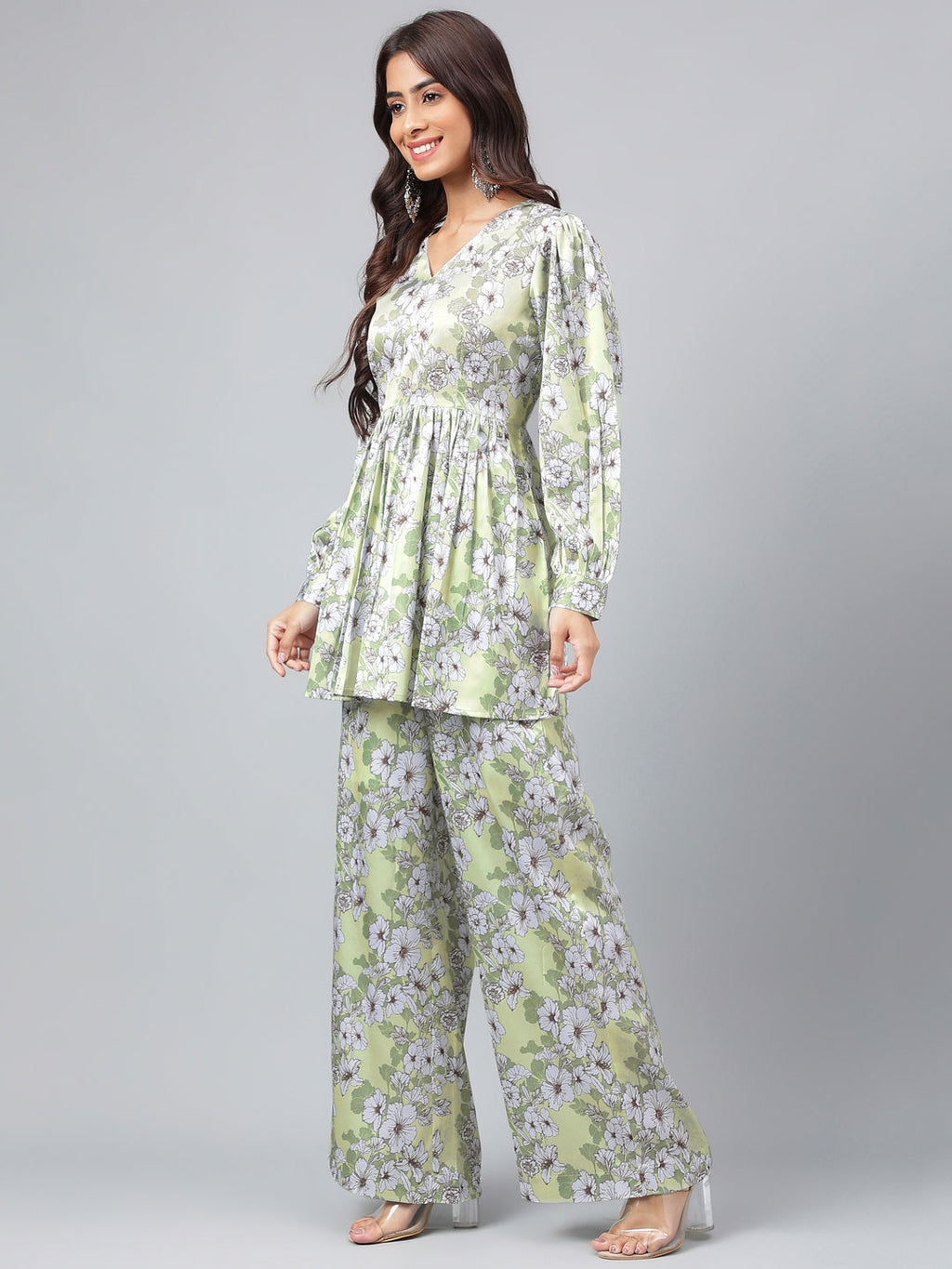 Janasya Women's Sage Green Satin Digital Floral Printed Flared Party Top Set | Grocsy