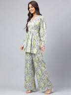 Janasya Women's Sage Green Satin Digital Floral Printed Flared Party Top Set | Grocsy