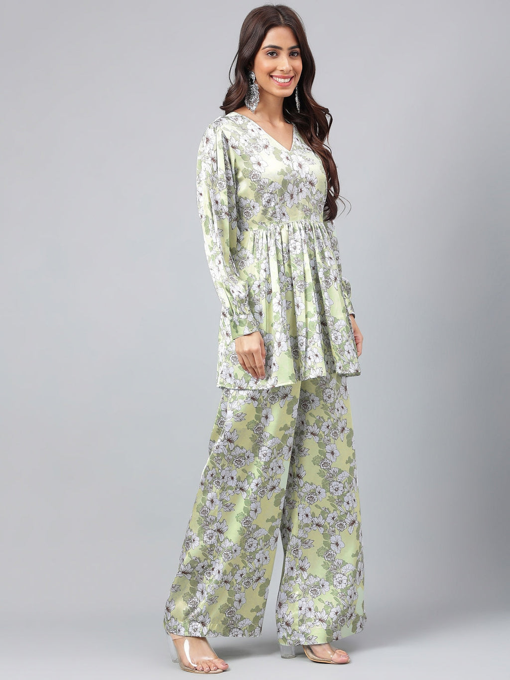 Janasya Women's Sage Green Satin Digital Floral Printed Flared Party Top Set | Grocsy