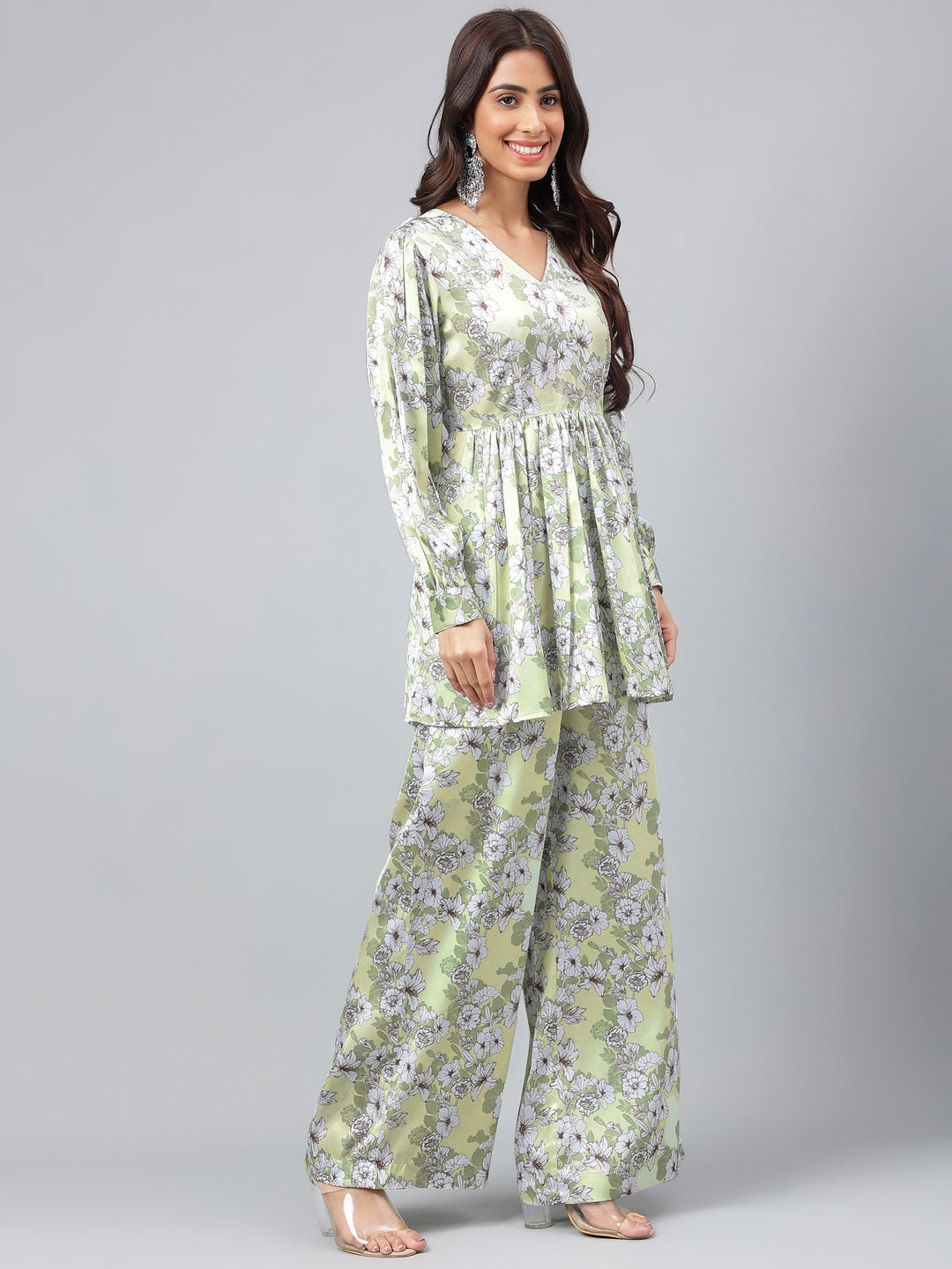 Janasya Women's Sage Green Satin Digital Floral Printed Flared Party Top Set | Grocsy
