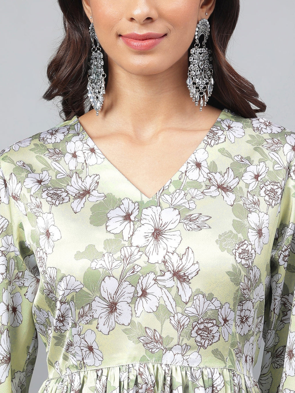 Janasya Women's Sage Green Satin Digital Floral Printed Flared Party Top Set | Grocsy