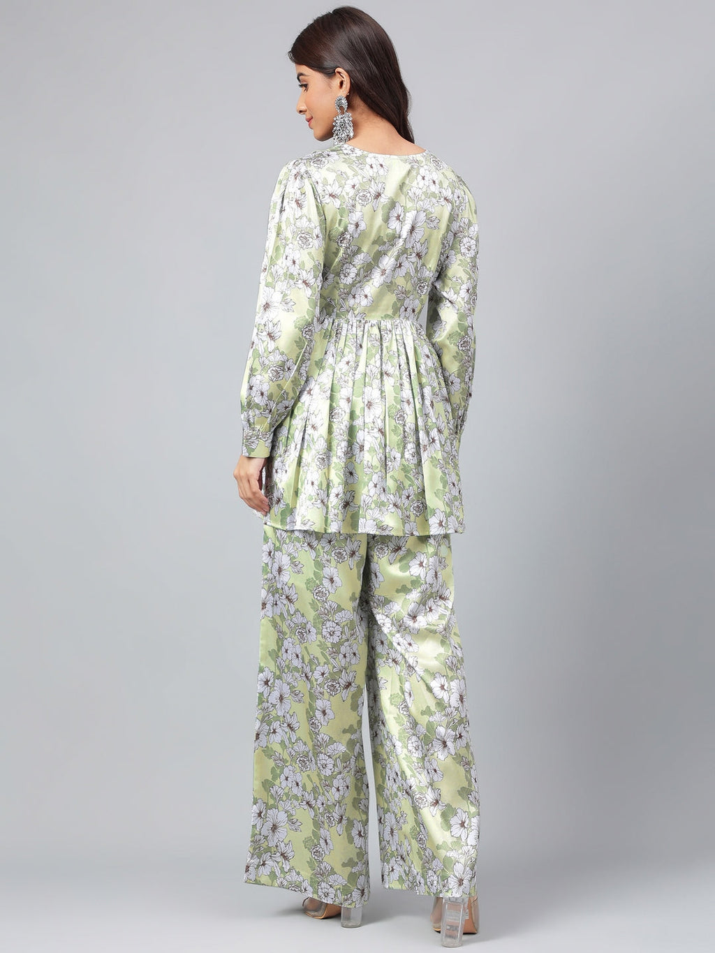 Janasya Women's Sage Green Satin Digital Floral Printed Flared Party Top Set | Grocsy