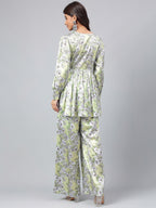 Janasya Women's Sage Green Satin Digital Floral Printed Flared Party Top Set | Grocsy