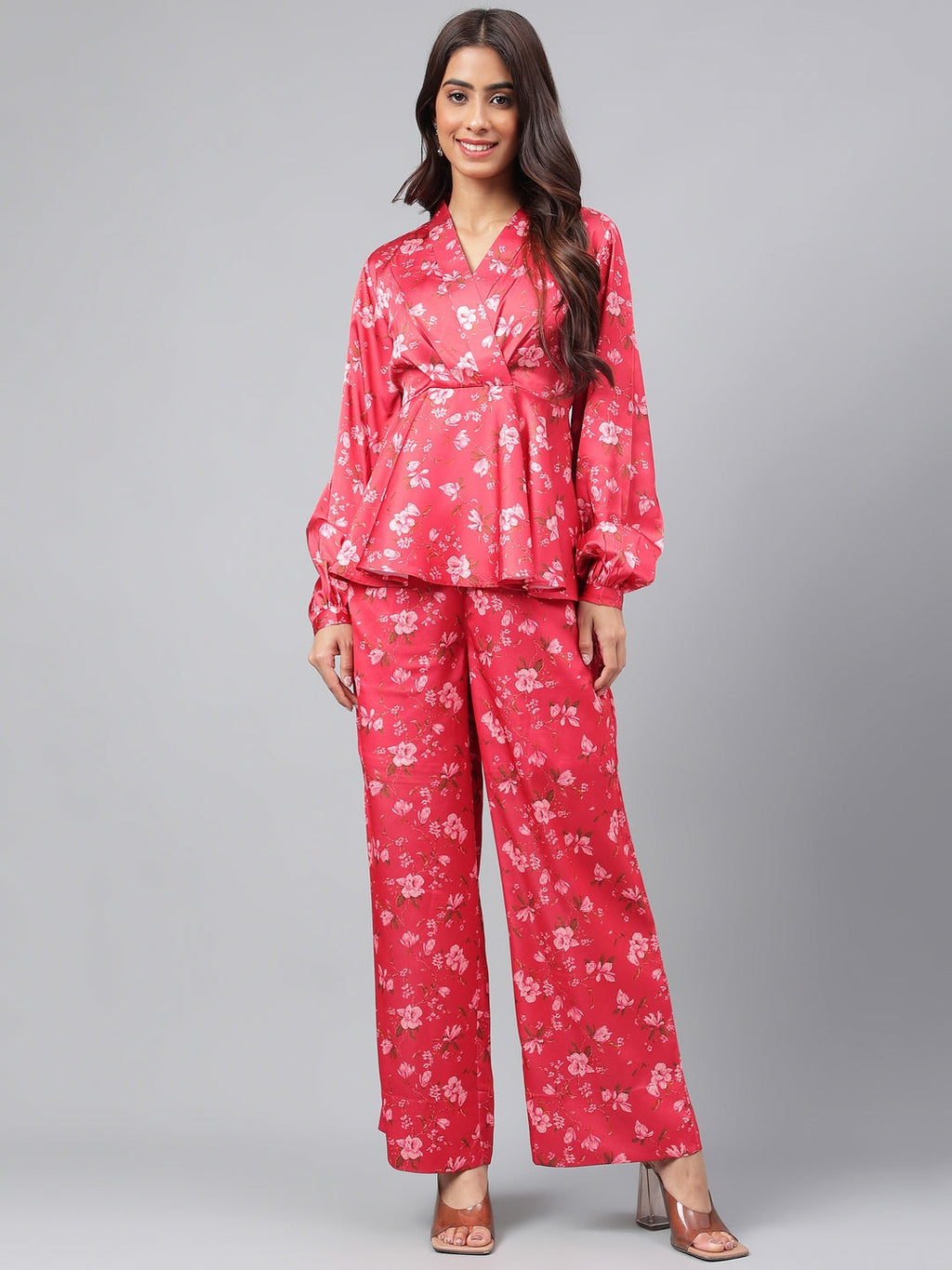 Janasya Women's Red Satin Digital Floral Printed Peplum Party Top Set | Grocsy