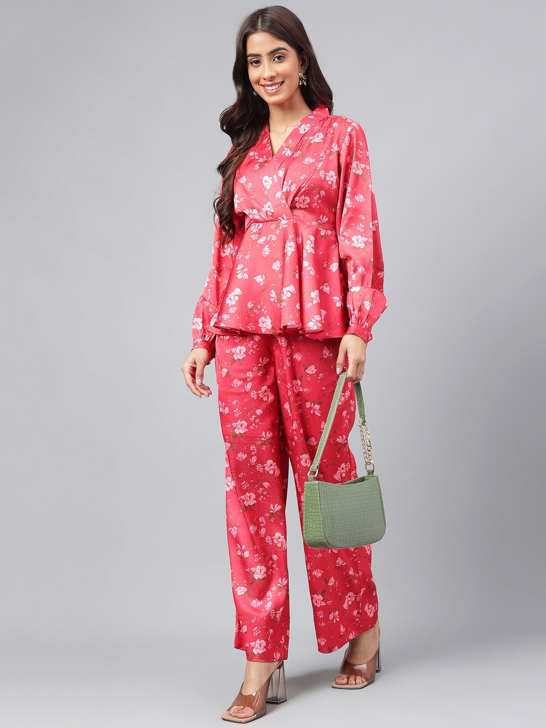 Janasya Women's Red Satin Digital Floral Printed Peplum Party Top Set | Grocsy
