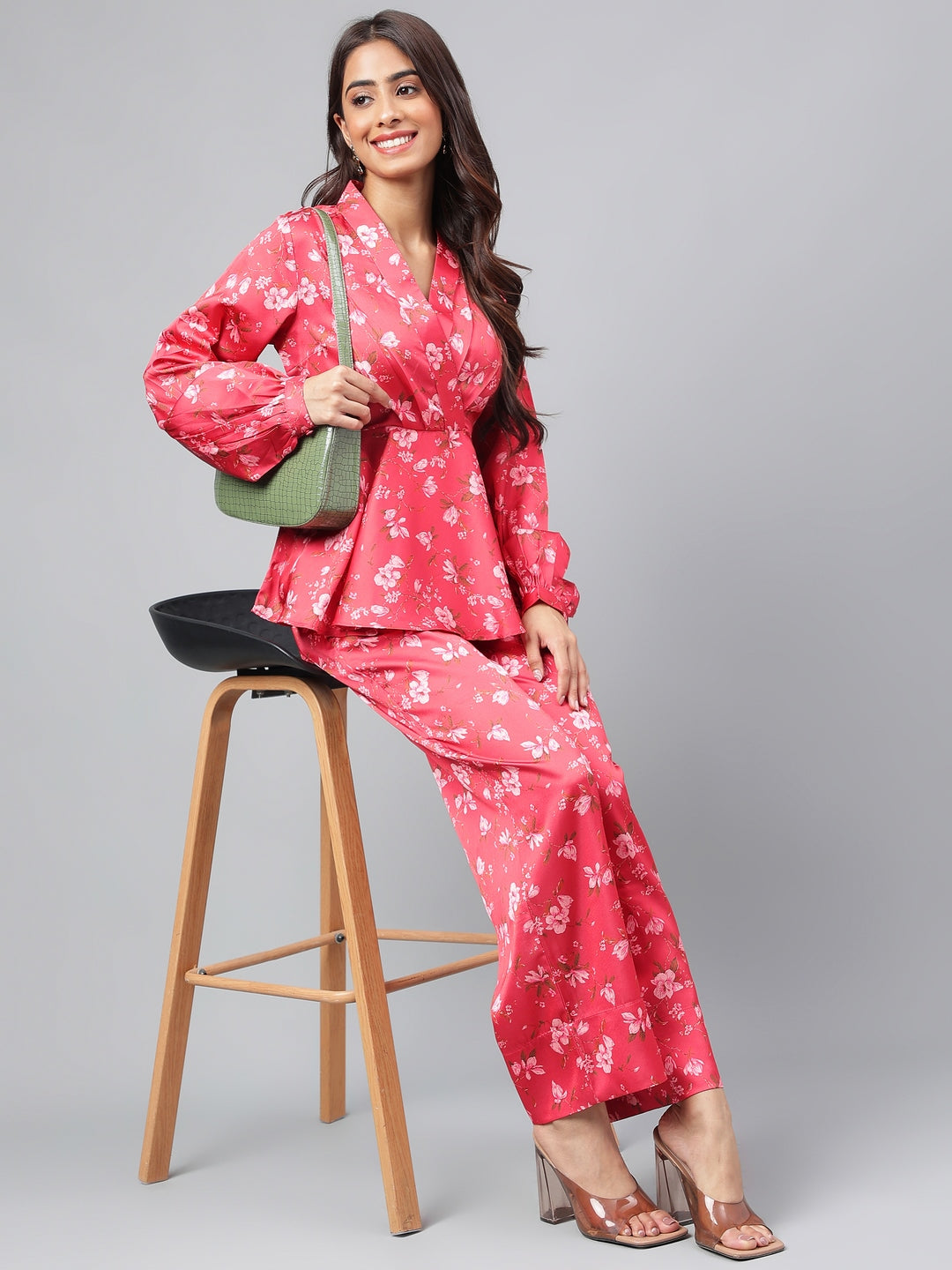 Janasya Women's Red Satin Digital Floral Printed Peplum Party Top Set | Grocsy