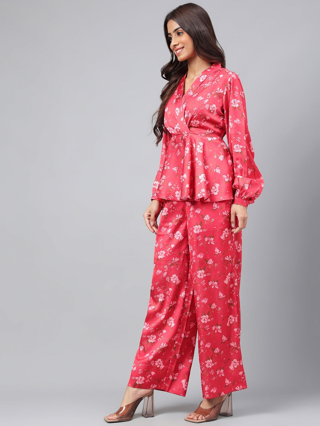Janasya Women's Red Satin Digital Floral Printed Peplum Party Top Set | Grocsy