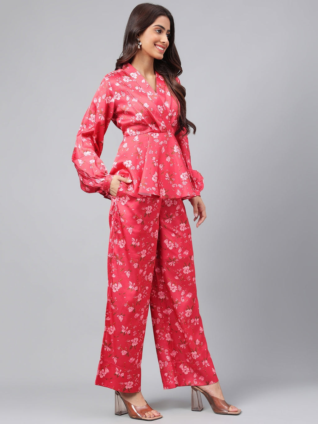 Janasya Women's Red Satin Digital Floral Printed Peplum Party Top Set | Grocsy