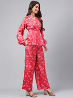 Janasya Women's Red Satin Digital Floral Printed Peplum Party Top Set | Grocsy
