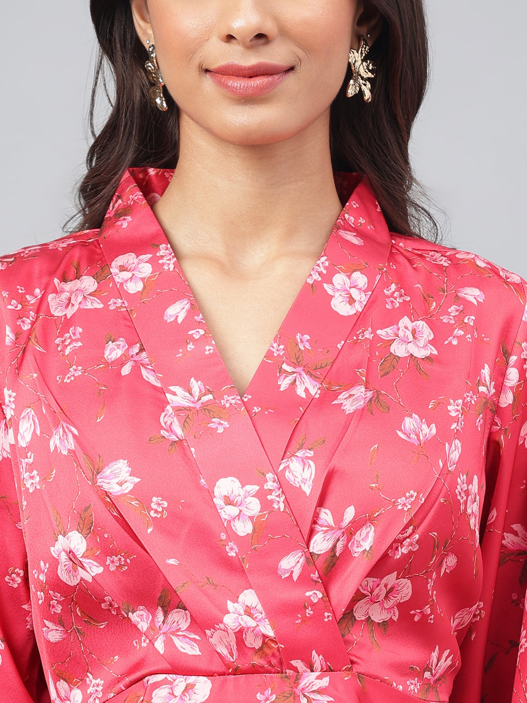 Janasya Women's Red Satin Digital Floral Printed Peplum Party Top Set | Grocsy