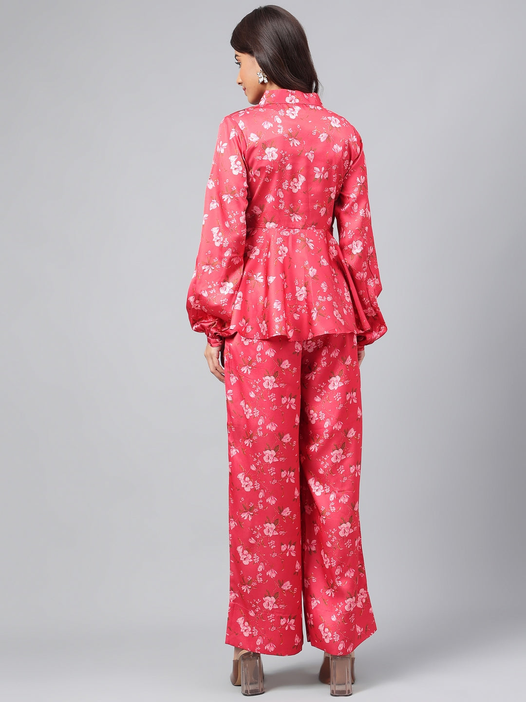 Janasya Women's Red Satin Digital Floral Printed Peplum Party Top Set | Grocsy