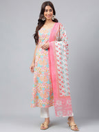 Janasya Women's Multicolor Cotton Floral Printed A-line Party Kurta Set | Grocsy