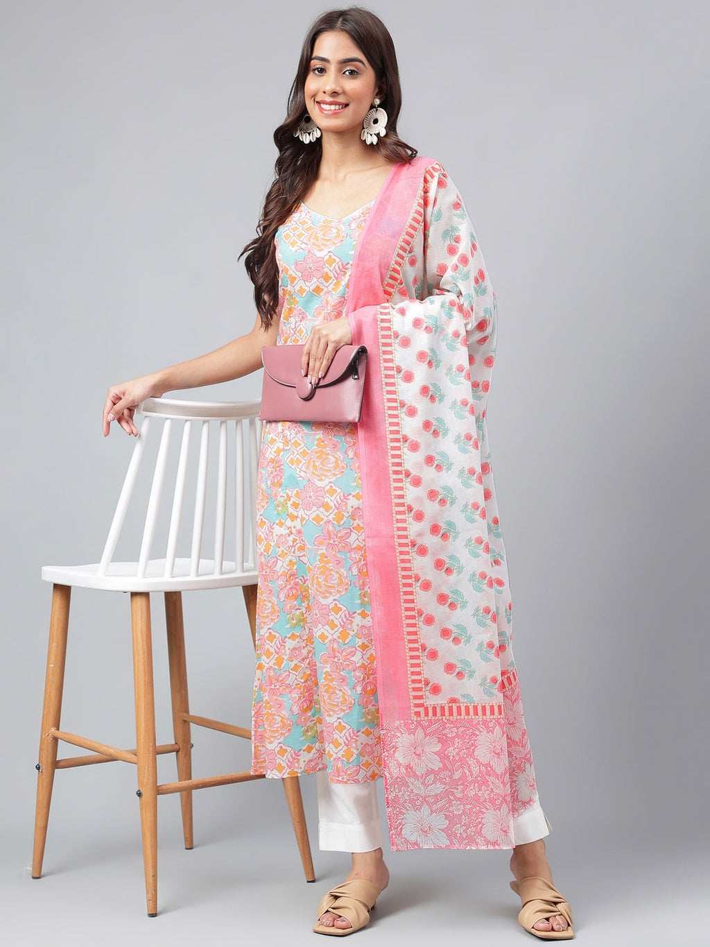 Janasya Women's Multicolor Cotton Floral Printed A-line Party Kurta Set | Grocsy