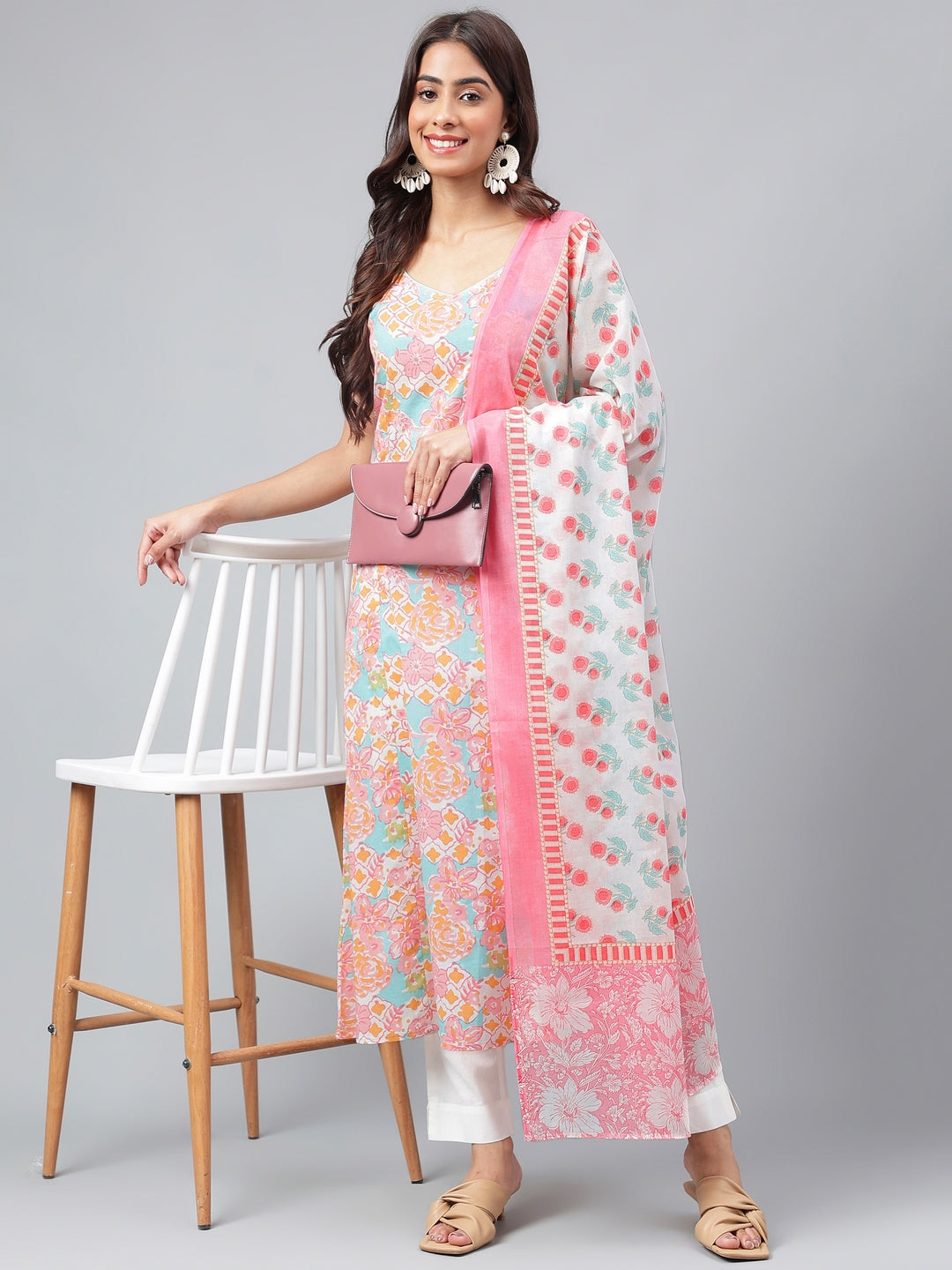 Janasya Women's Multicolor Cotton Floral Printed A-line Party Kurta Set | Grocsy