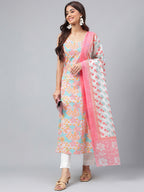 Janasya Women's Multicolor Cotton Floral Printed A-line Party Kurta Set | Grocsy