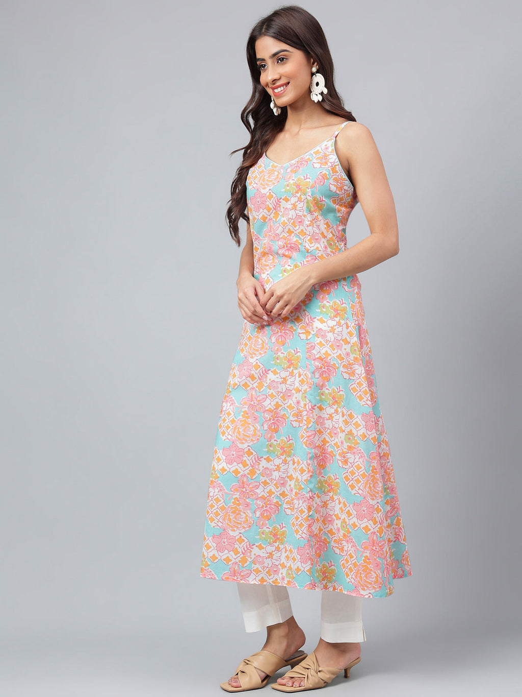 Janasya Women's Multicolor Cotton Floral Printed A-line Party Kurta Set | Grocsy