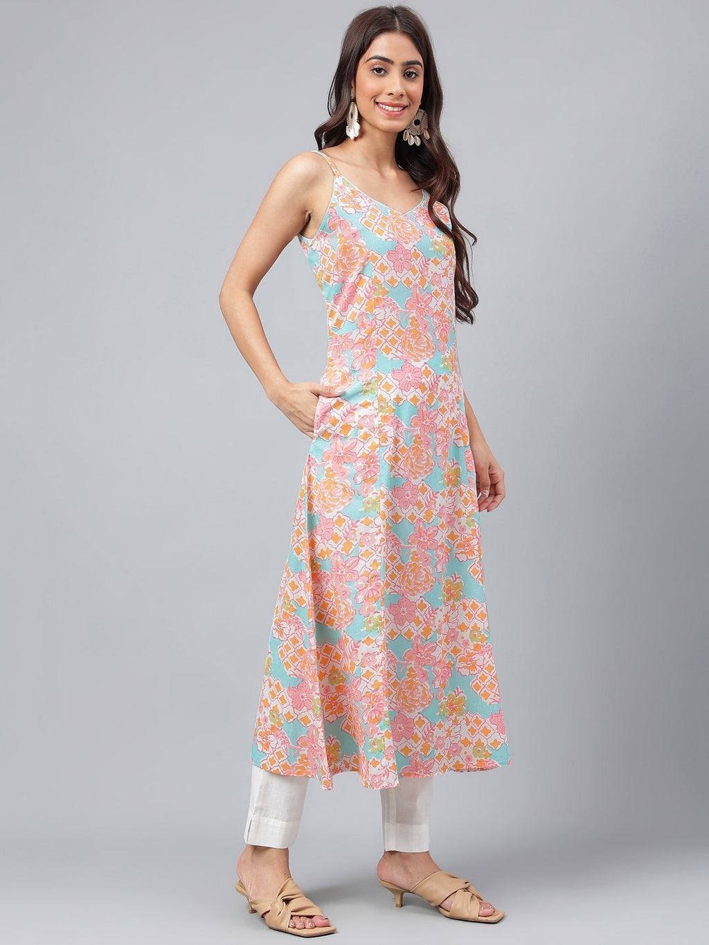 Janasya Women's Multicolor Cotton Floral Printed A-line Party Kurta Set | Grocsy