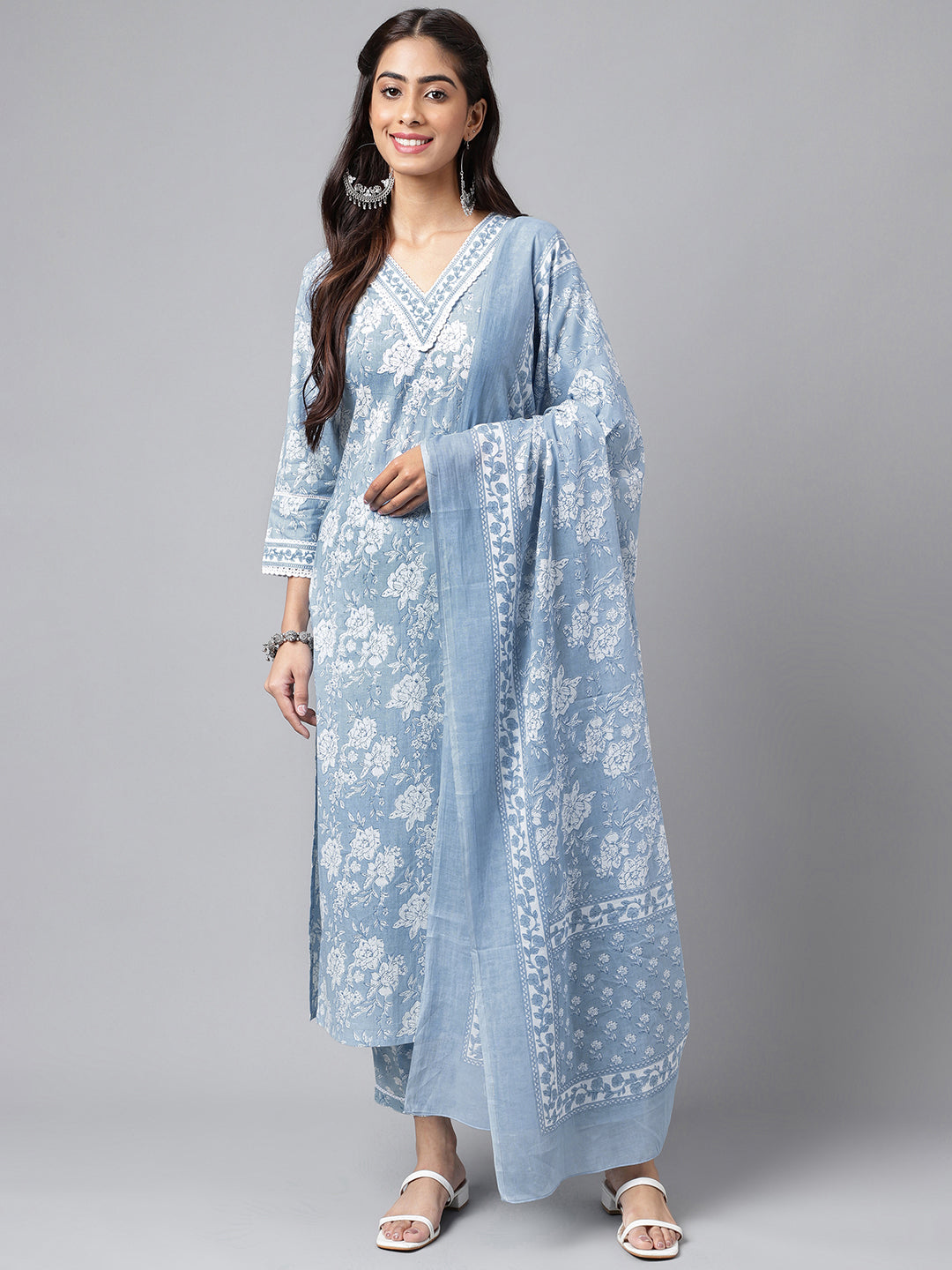 Janasya Women's Light Blue Cotton Floral Printed Straight Casual Kurta Set | Grocsy