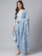 Janasya Women's Light Blue Cotton Floral Printed Straight Casual Kurta Set | Grocsy