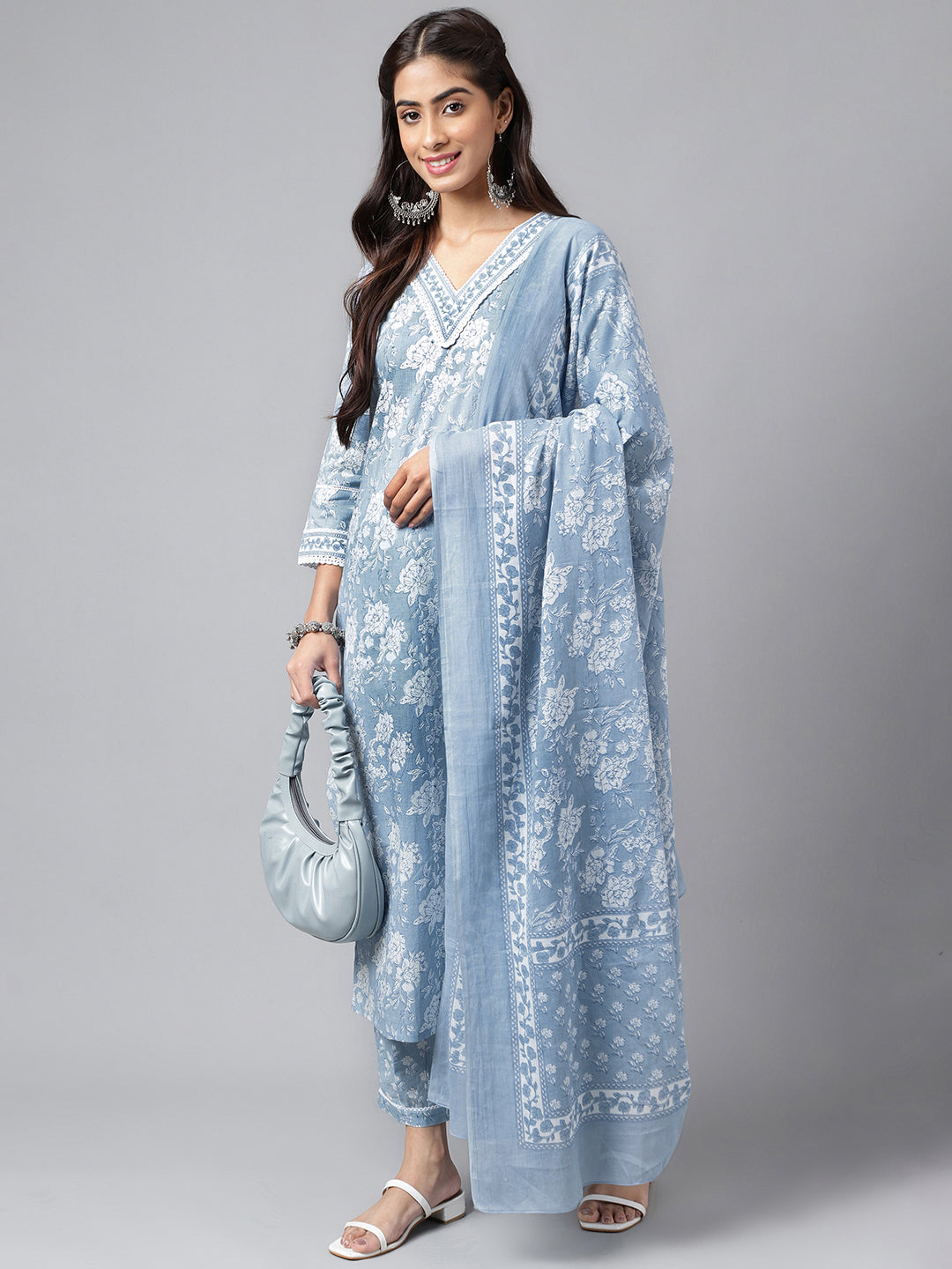 Janasya Women's Light Blue Cotton Floral Printed Straight Casual Kurta Set | Grocsy