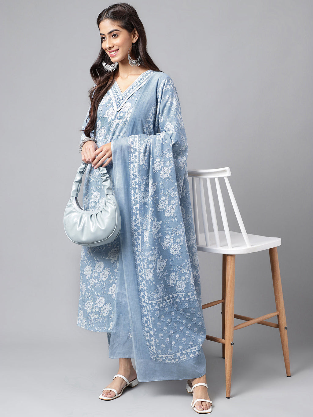 Janasya Women's Light Blue Cotton Floral Printed Straight Casual Kurta Set | Grocsy