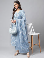 Janasya Women's Light Blue Cotton Floral Printed Straight Casual Kurta Set | Grocsy