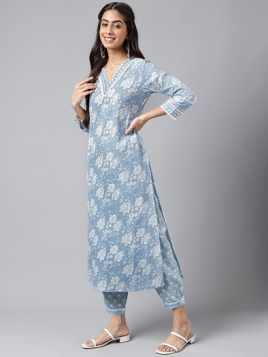 Janasya Women's Light Blue Cotton Floral Printed Straight Casual Kurta Set | Grocsy