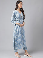 Janasya Women's Light Blue Cotton Floral Printed Straight Casual Kurta Set | Grocsy