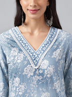 Janasya Women's Light Blue Cotton Floral Printed Straight Casual Kurta Set | Grocsy