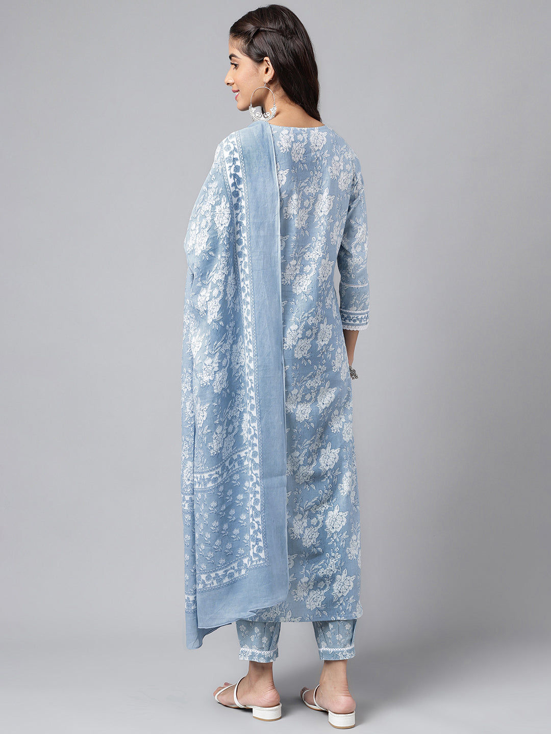 Janasya Women's Light Blue Cotton Floral Printed Straight Casual Kurta Set | Grocsy