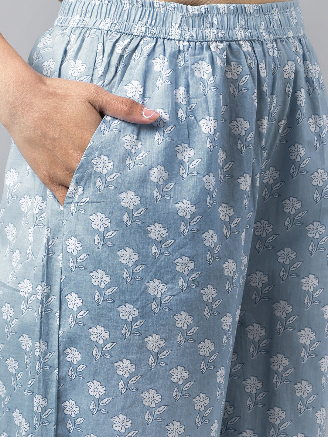 Janasya Women's Light Blue Cotton Floral Printed Straight Casual Kurta Set | Grocsy