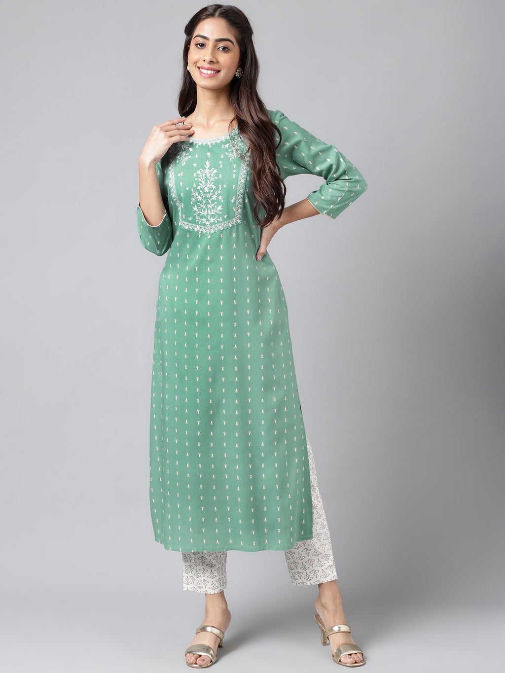 Janasya Women's Green Rayon Yoke Embroidered Straight Casual Kurta Set | Grocsy